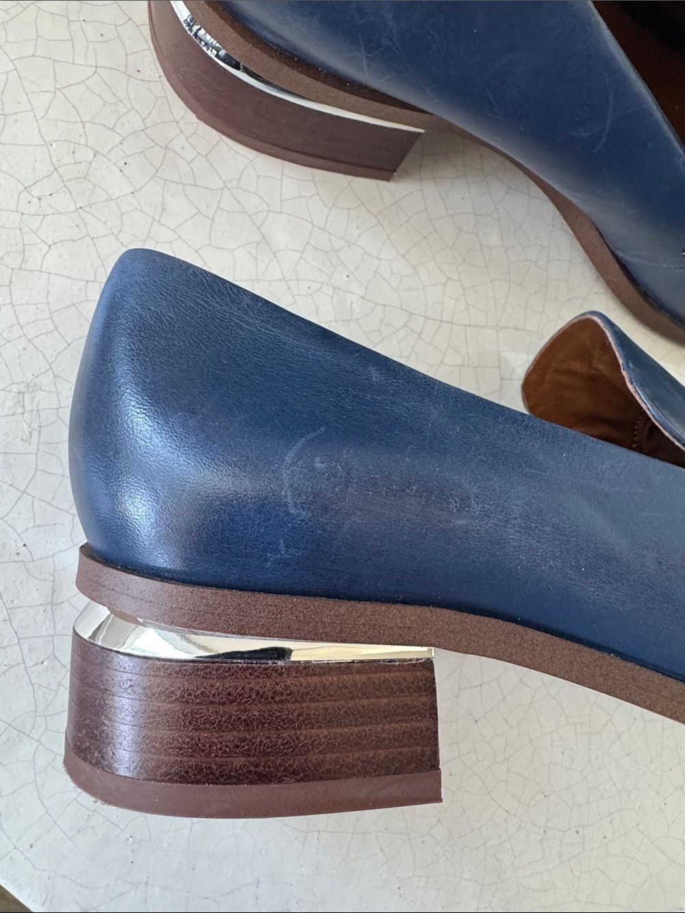 Franco Sarto Blue Leather Slip-On Loafers Block Heel Silver Accents Women’s Sz 8 - Picture 10 of 12